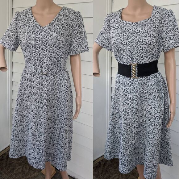 60s Mod Black Silver Metallic Print Dress Polyester Vintage L XL 40 Bust - Picture 5 of 10